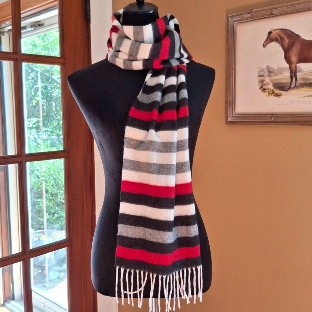 Cooshnik Striped Fringe Scarf Wrap Shawl Red Black GrayCream Acrylic Germany
